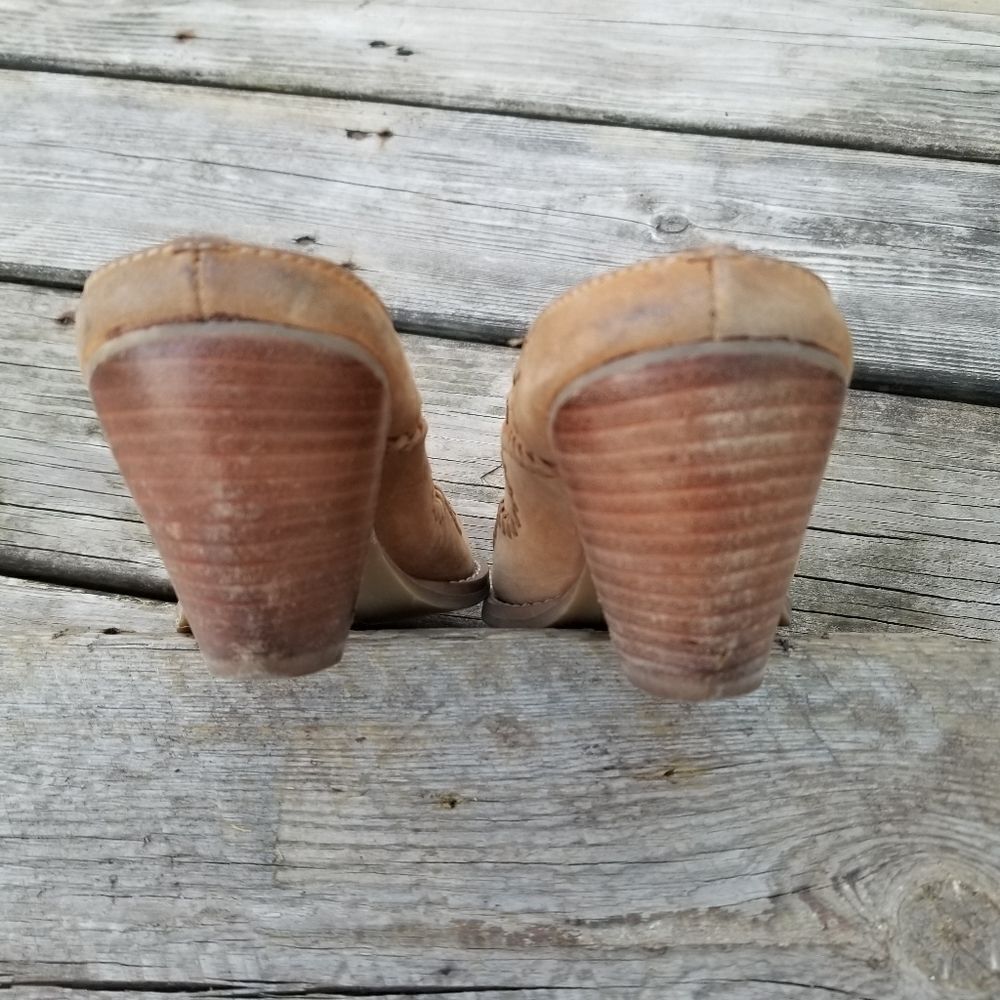 Vintage 90s y2k Camel Tan Suede Boho Western Cowgirl Whipstitch Heeled Mules 6.5 - Picture 4 of 10